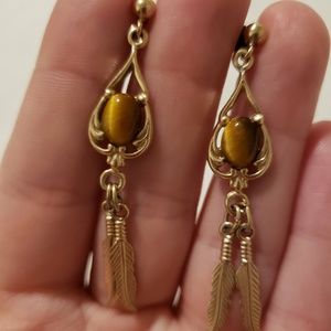 Golden Cat Eye/ Feather Earrings